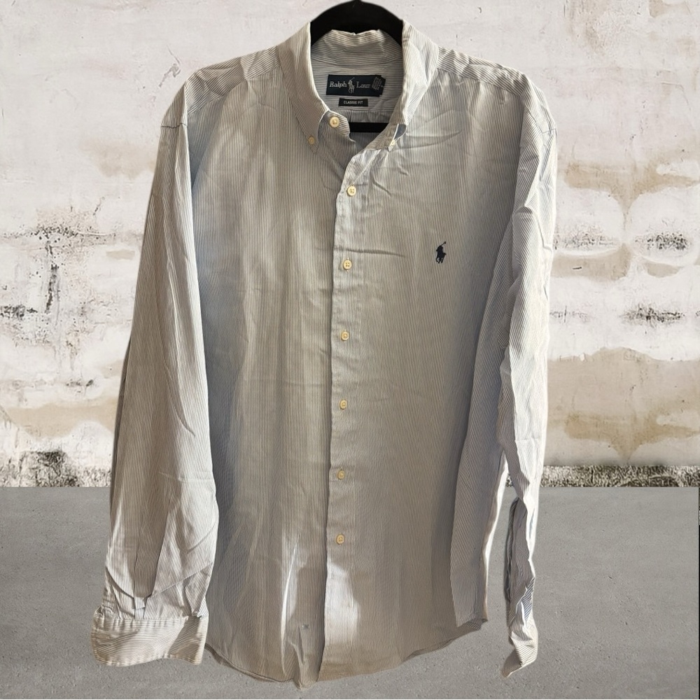 Ralph Lauren Men's White & Blue Striped Casual Button-Down Shirt Size XL